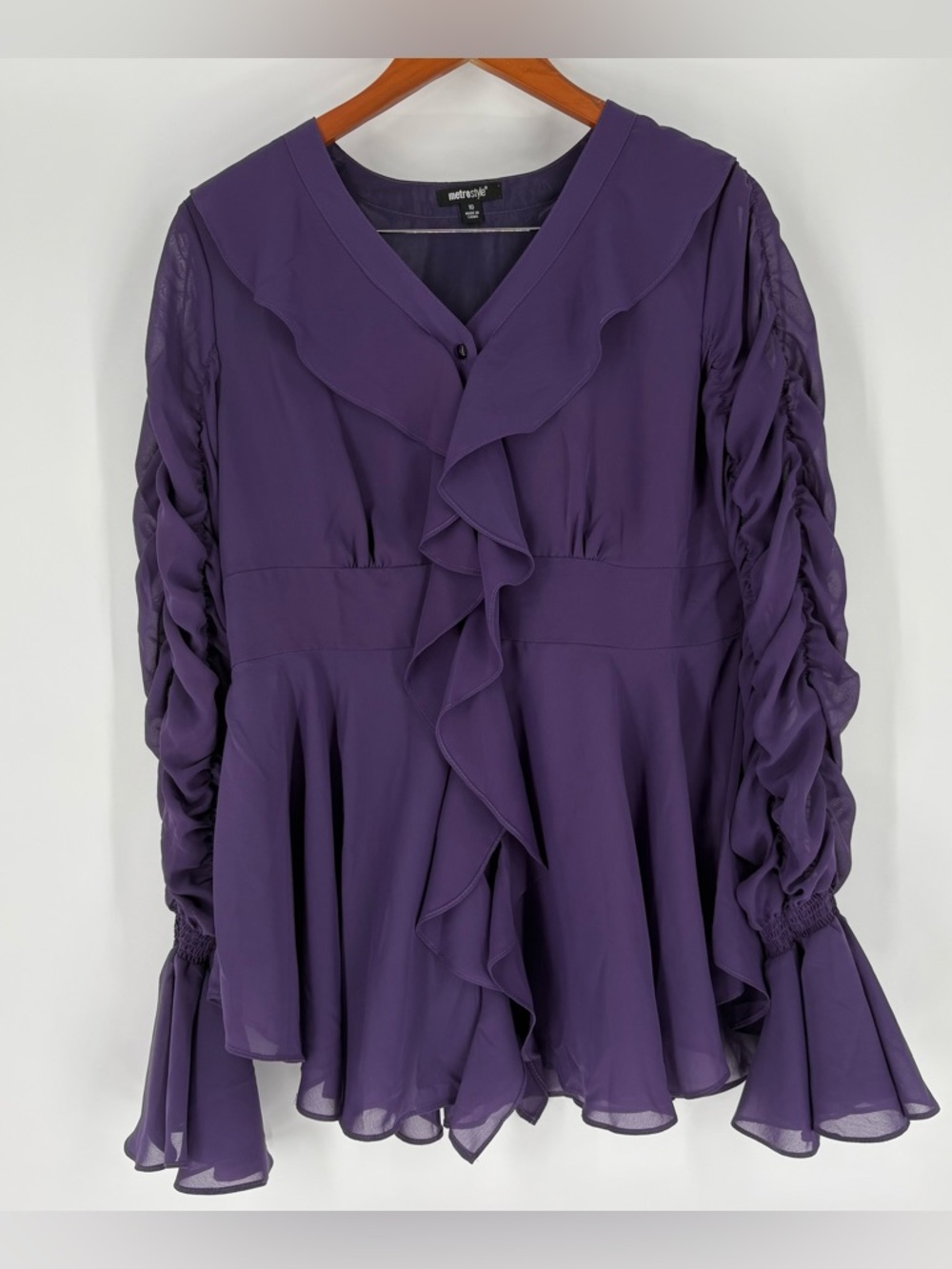 Coquette Ruffle Whimsical Fairy Purple Renaissance Bell Sleeve Blouse Top Sz 10